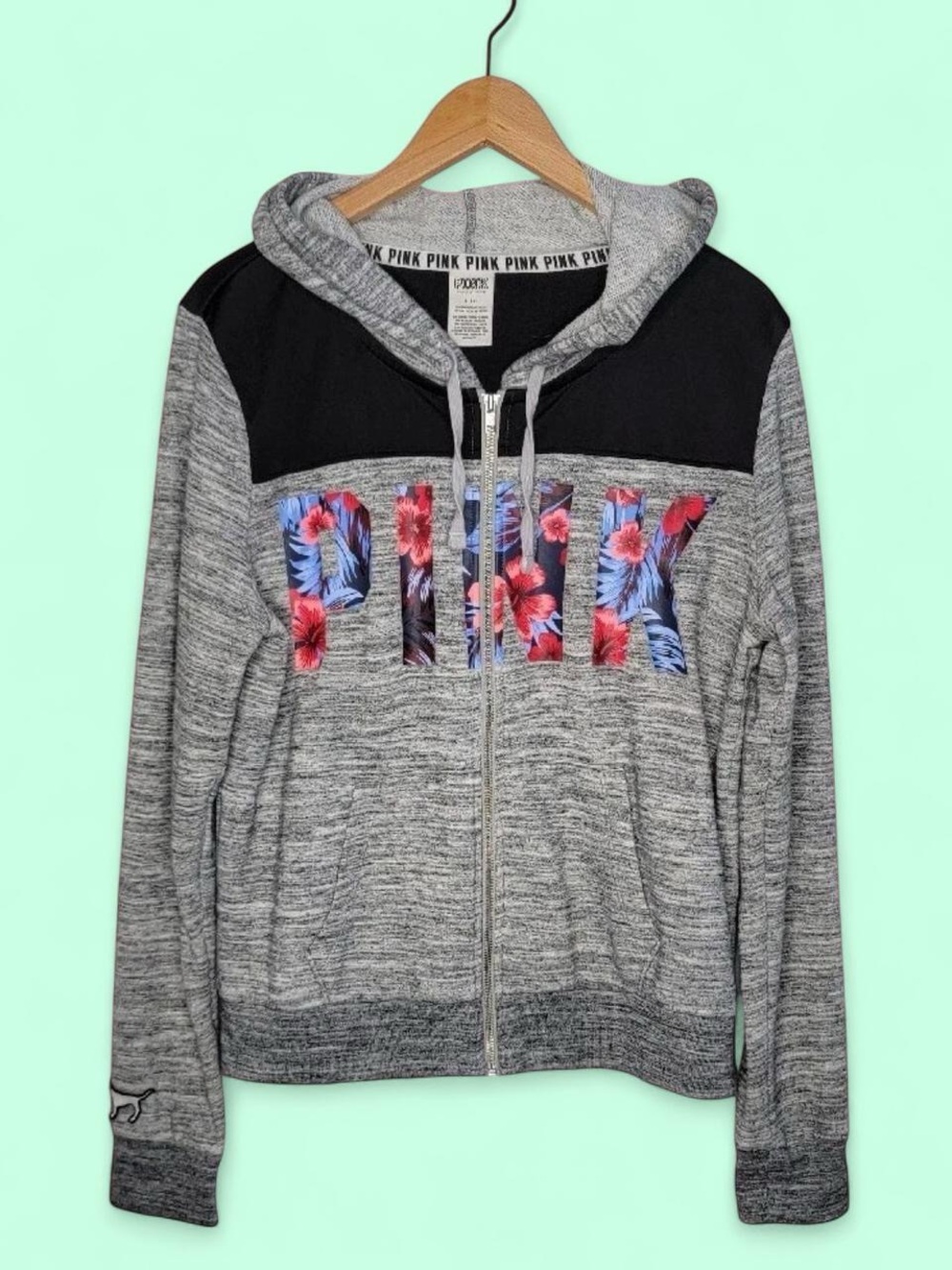 PINK Victoria's Secret Grey Zip Hoodie with Floral Logo